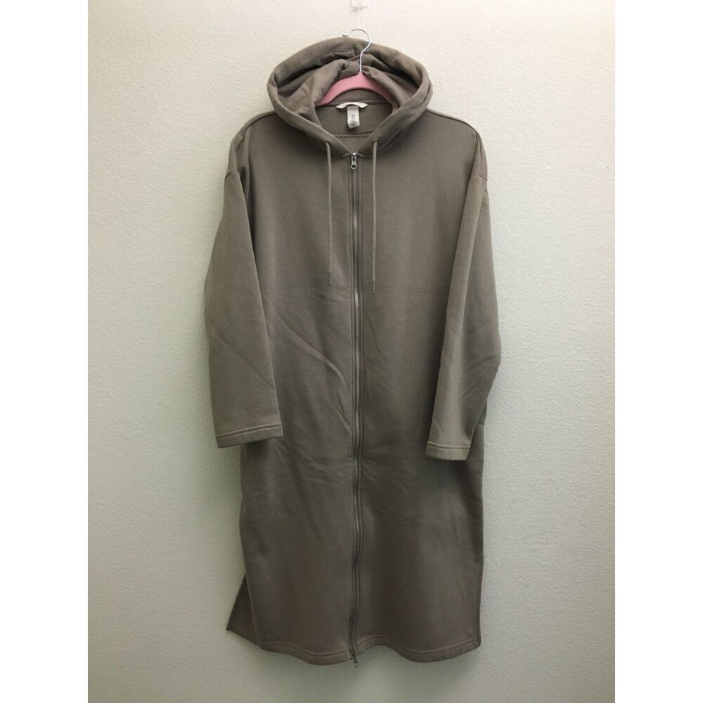 H&M Women’s S Longline Full Zip Hoodie Sweatshirt Dress Khaki Taupe Cotton Blend